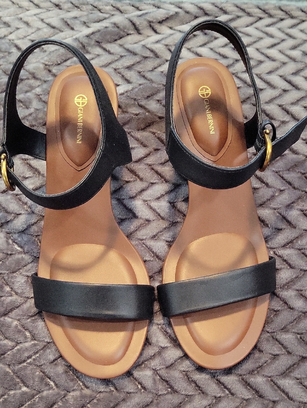 Giani Bernini Black Leather Two-Strap Slingback Sandals with Brown Footbed